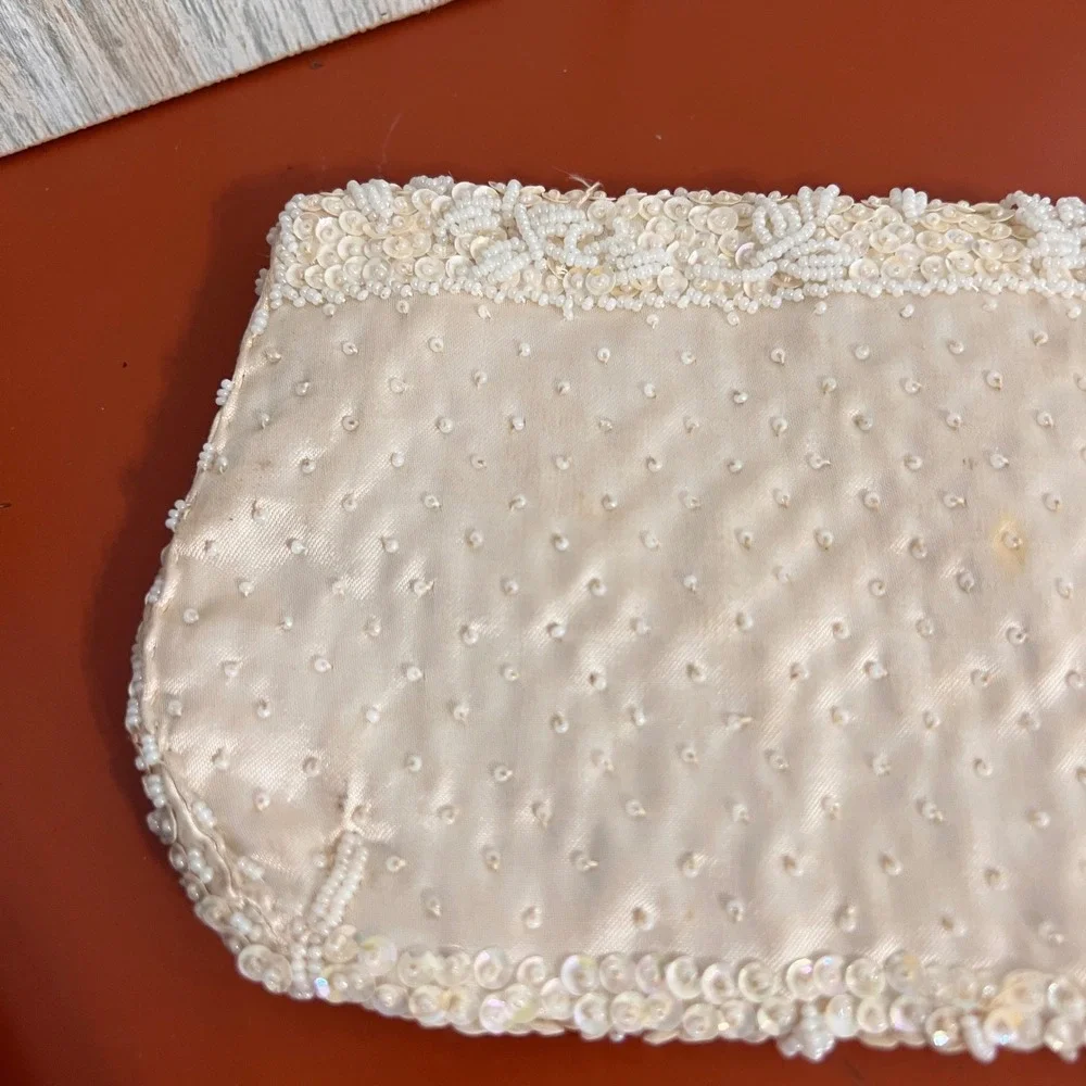 Vintage Ivory Beaded Sequin Satin Clutch Bag Evening Wedding Bridal Cream 9x5